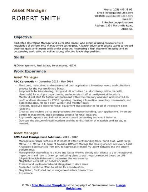 Asset Manager Resume Samples QwikResume