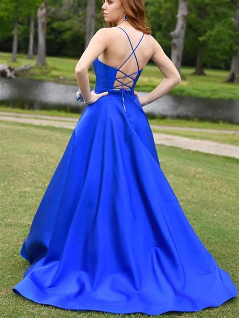 A Line V Neck Royal Blue Long Prom Dresses Blue V Neck Formal Graduat