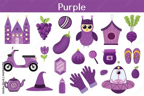 Purple color objects set. Learning colors for kids. Cute elements collection. Educational ...