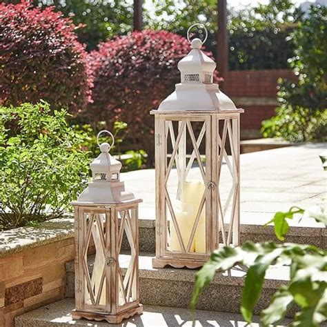 Glitzhome Farmhouse Wood Metal Lanterns Decorative Hanging Candle Lanterns White Set