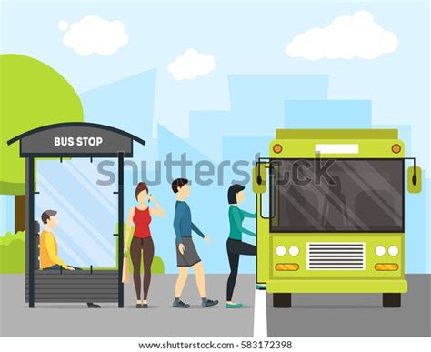 Cartoon Bus Stop Transport People On Stock Vector Royalty Free