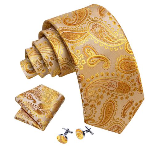 Mens Gold Paisley 100 Silk Neck Tie With Matching Hanky And Cufflink The Dapper Tie