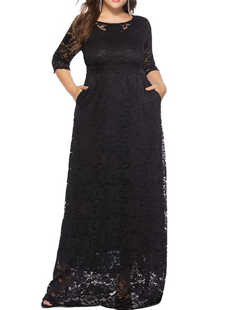 Eleluny Plus Size Women Lace Maxi Long Dress Formal Wedding Cocktail Party Gown Black 6xl