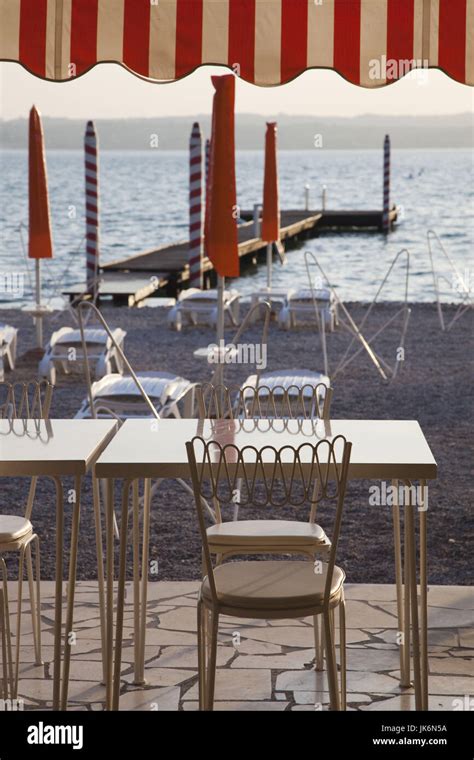 Italy Lombardy Lake District Lake Garda Sirmione Cafe Tables At