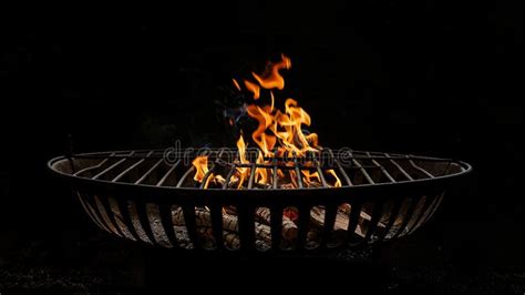 Hot Empty Portable Barbecue BBQ Grill With Flaming Fire And Ember Charcoal On Black Background