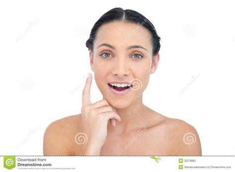 Astonished Nude Brunette Posing Finger On Her Cheek Stock Image Image Of Naked Healthy