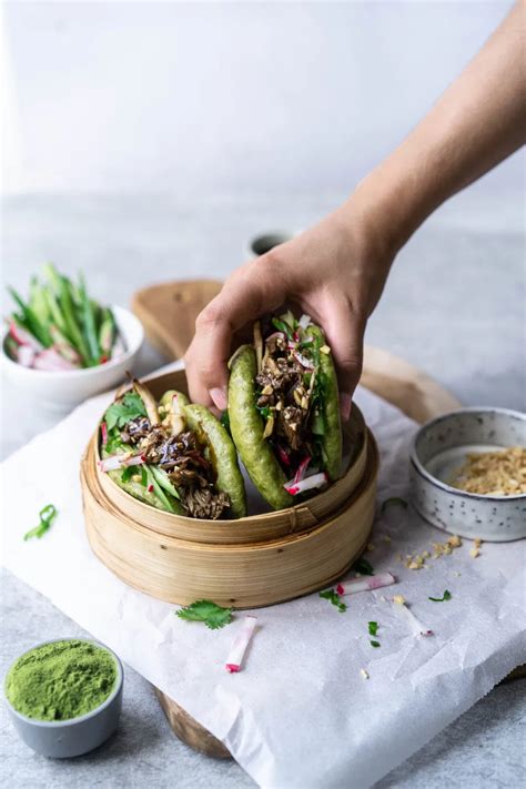 Vegan Matcha Bao Buns With Pulled Jackfruit B Eat Root Bao Buns Jackfruit Food