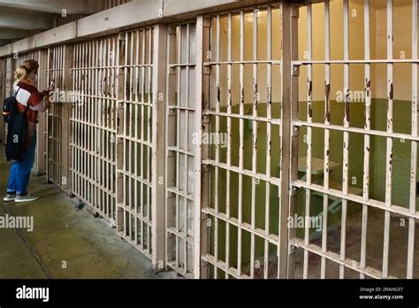 Inside Alcatraz Federal Penitentiary With Tourists Looking Inside