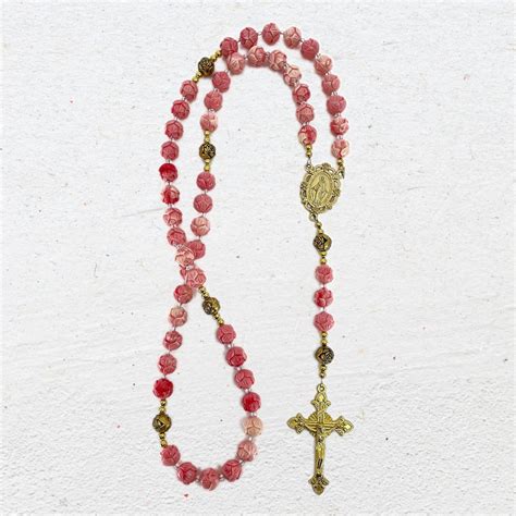 Crown Of Roses Catholic Rosary With Carved Red Cinnabar Or Pink Shell Roses Etsy