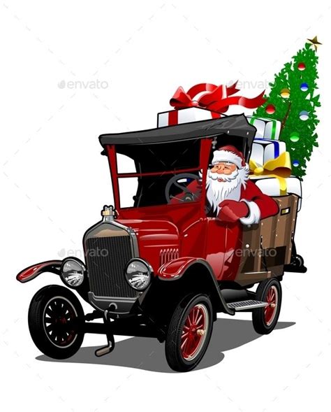 Santa Claus Driving An Old Fashioned Car With Presents On The Back