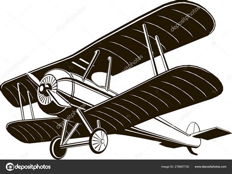 Doppeldecker Retro Flugzeug Monochrom Schwarz Grafik Clip Art Vektor