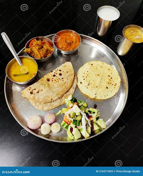 Vegetable Gujarati Kathiyawadi Thali On Table Indian Thali Meal Stock