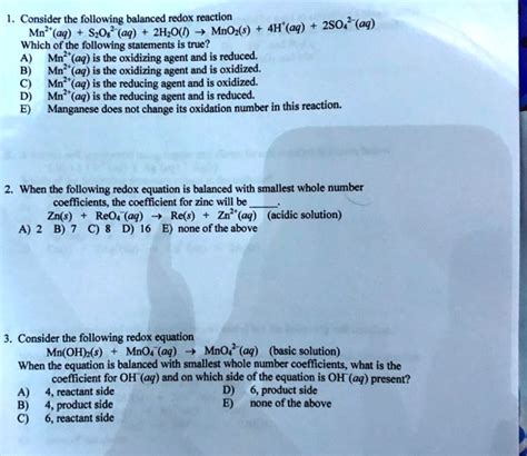 Solved Consider The Following Balanced Redox Reaction H Aq S