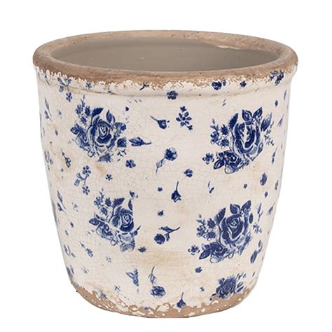 Clayre Eef Bloempot Binnen Ø 15x14 cm Beige Blauw Keramiek Roosjes