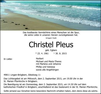 Traueranzeigen Von Christel Pleus Noz Trauerportal