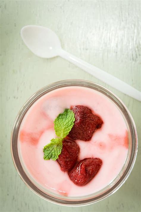 Strawberry Yogurt With Strawberry On Wooden Strawberry Yoghurt Pink Yogurt Strawberry In