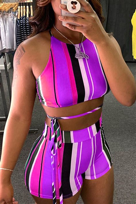 Purple Sexy Casual Striped Print Backless O Neck Sleeveless Two Pieces