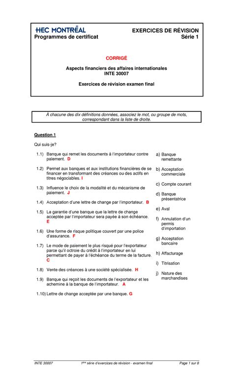 Final Exercices De R Vision S Rie Corrig Re Exercices De