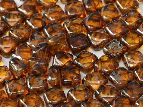 Silky Beads AMBER PICASSO Czech Glass 2 Hole Diagonal Pressed Bead