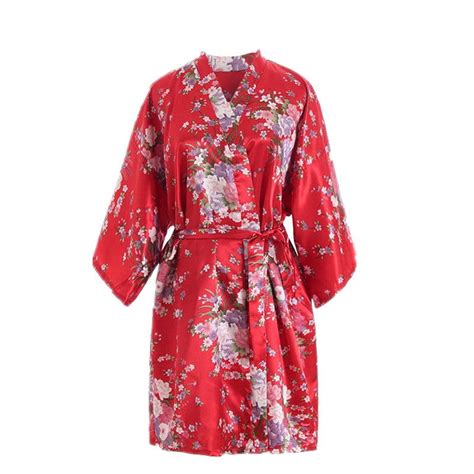 Penkiiy Floral Print Silk Robe Women Sexy Kimono Dressing Gown Bath Robe Lingerie Nightdress Red