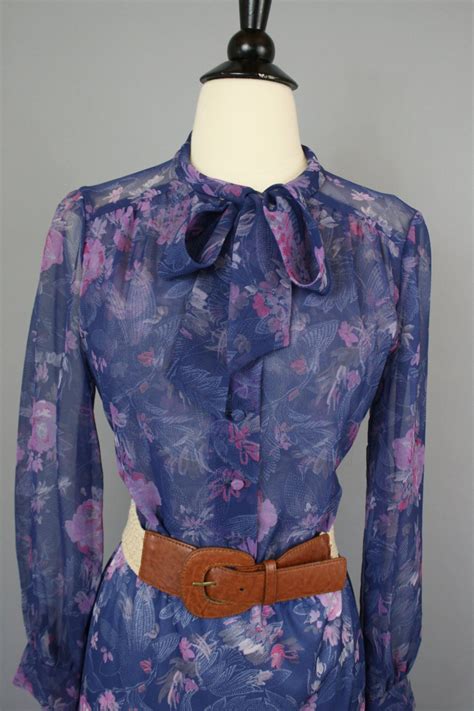 Vintage S Sheer Blue Floral Secretary Dress With Pussy Bow Etsy