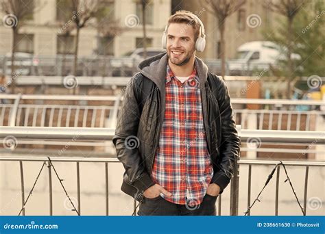 Street Beats Happy Guy Wear Headphones Urban Outdoor Handsome Man Listen To Music Playing In