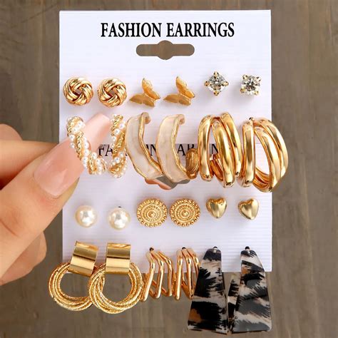 Lefeng Trendy Gold Metal Earrings Set For Women Fashion Geometric Pearl