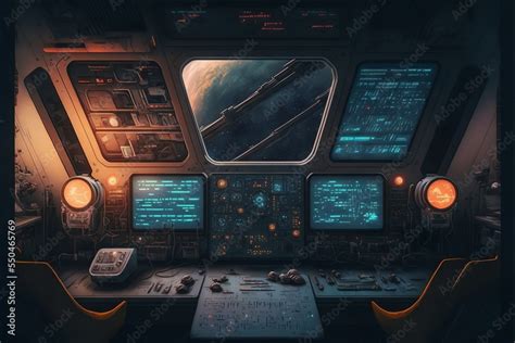 Futuristic dark sci-fi spaceship interior with buttons, monitors and ...