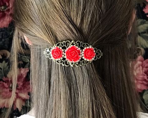 Red Roses Large Hair Barrette With Rhinestones So Pretty Etsy