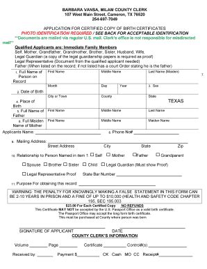 Fillable Online Birth Records Request Form Milam County Fax Email