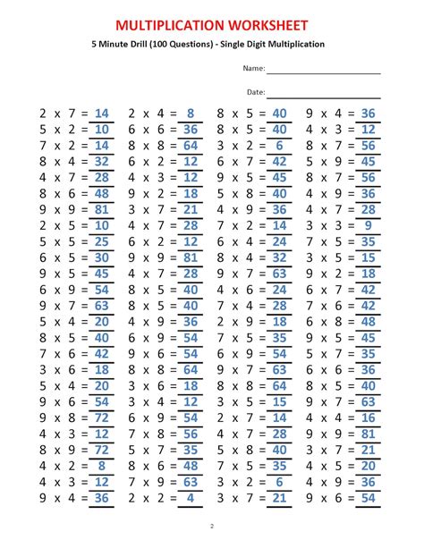 Multiplication 5 Minute Drill Worksheets With Answers Pdf Year 2 3 4 Grade 2 3 4 Printable