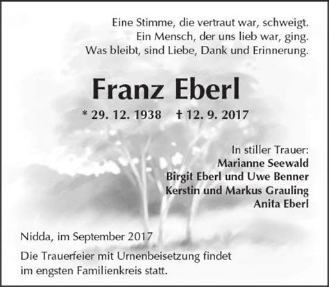 Traueranzeigen Von Franz Eberl Vrm Trauer De