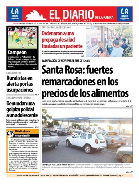 Tapa De El Diario En Papel Jueves 14 De Diciembre De 2023 El Diario