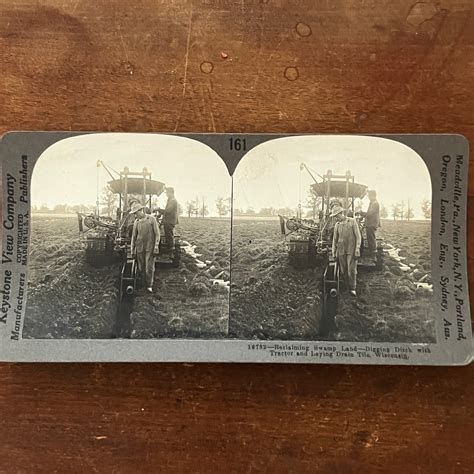 Tractor Digging Ditch Laying Drain Tile Wisconsin Antique Stereoview