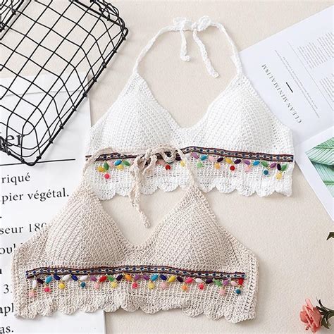 Korean Trendy Crochet Crop Top White Bikini Tops Swimwear For Women Sexy Beach Swimsuit Halter