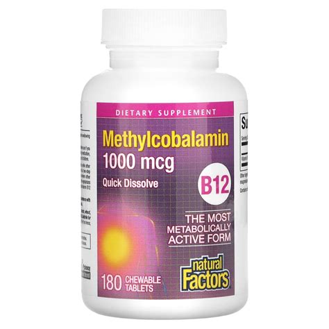 Natural Factors, B12 метилкобаламин, 1000 мкг, 180 жевательных таблеток ...