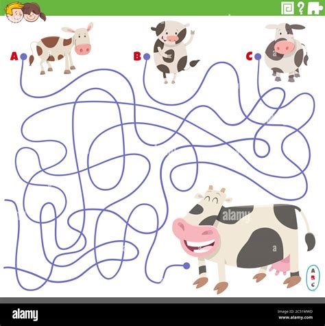 Cartoon Illustration Of Lines Maze Puzzle Game With Calves And Cow