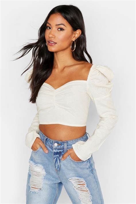 Linen Crop Peasant Top Boohoo