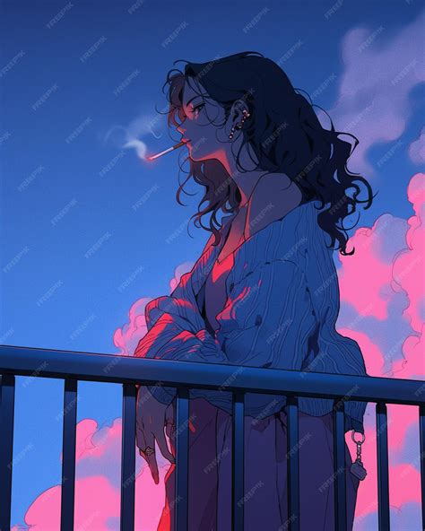 Anime Girl Smoking Cigarette On A Balcony With A Cloudy Sky Generative