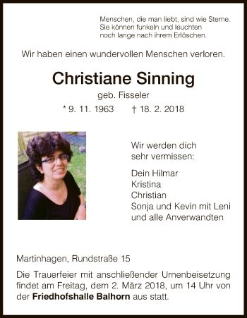 Traueranzeigen Von Christiane Sinning Trauer HNA De