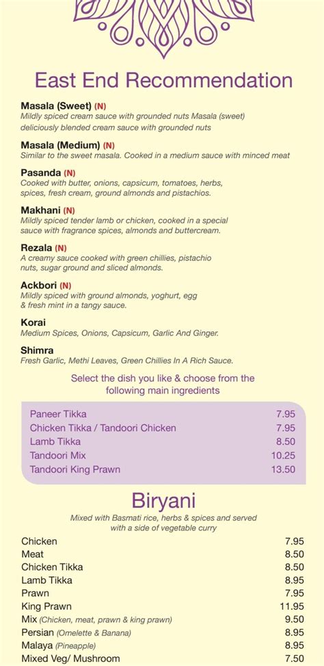 Menu At East End Balti Restaurant Shifnal