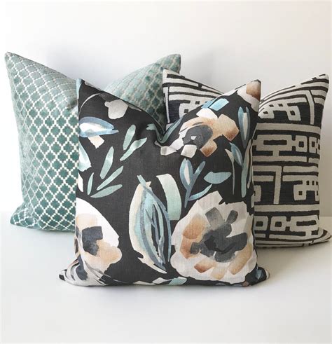 Modern Black Green Blue and Beige Floral Decorative Pillow - Etsy