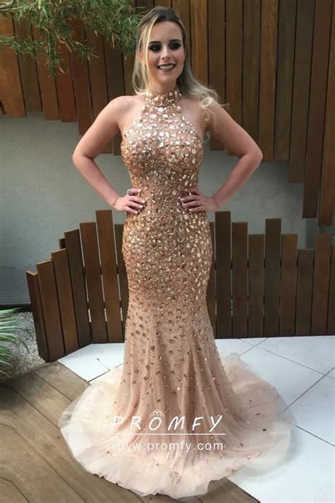 Diamond Nude Tulle Halter Neck Mermaid Prom Dress Promfy