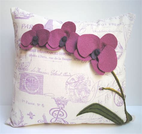 Purple Orchid Pillow Cover Felt Appliqué On Shabby Chic Fabric