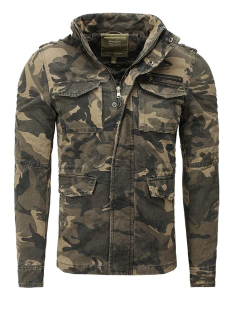 Yandr Men Stylish Camouflage Mid Length Jacket Jackets Hooded Denim