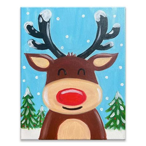 Online Painting Class Red Nose Reindeer Virtual Paint At Home Event