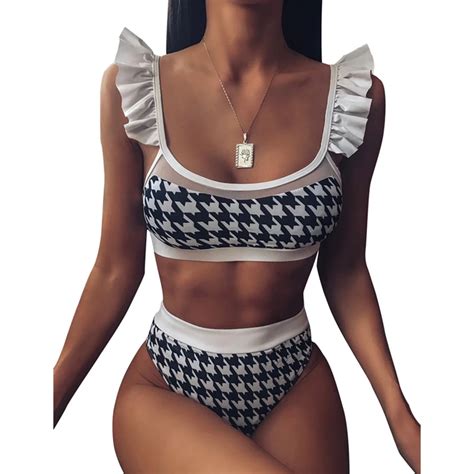 Ladies Summer Sexy Houndstooth Swimsuit Bikini Ruffle Shoulder Plaid