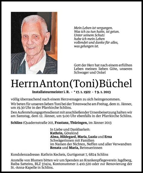 Todesanzeigen Von Anton Toni B Chel Todesanzeigen Vorarlberger