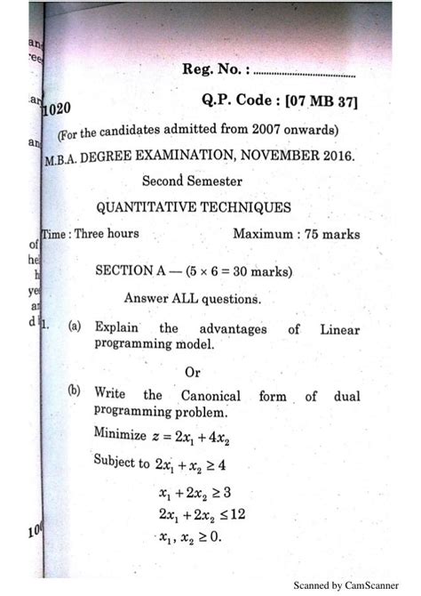 Bharathiar University Mba Question Paper Quantitative Techniques 2016 Nov