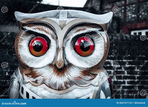 Closeup Of A Giant Owl Statue Against A Brick Wall Stock Illustration